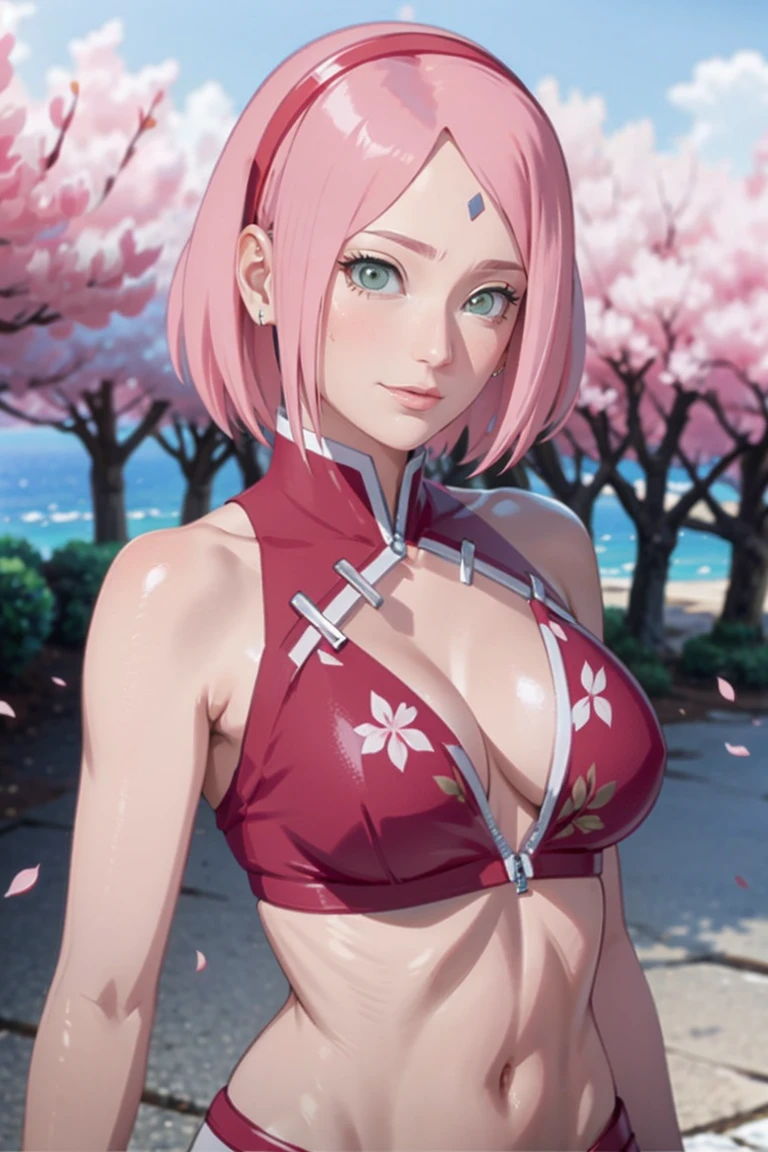 tmasterpiece， Best quality at best， 1girll， Sakura Haruno， Large breasts，（cleavage)，（upperbody closeup)，Raised sexy，is shy，ssmile，with pink hair，short hair， （Green eyeballs:1.4)， Forehead protection， the cherry trees，Cherry blossoms flying，，Zipper half, wearing bikini