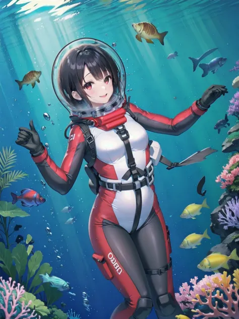 black hair, red eyes, eva helm, bubble helmet, space helmet tongue out, drooling,1girl, short hair, solo, looking at viewer, rea...