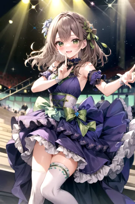 highest quality、complete limbs、full finger、slender beauty、straight hair、brown hair、deresute、green, white and purple idol costume...