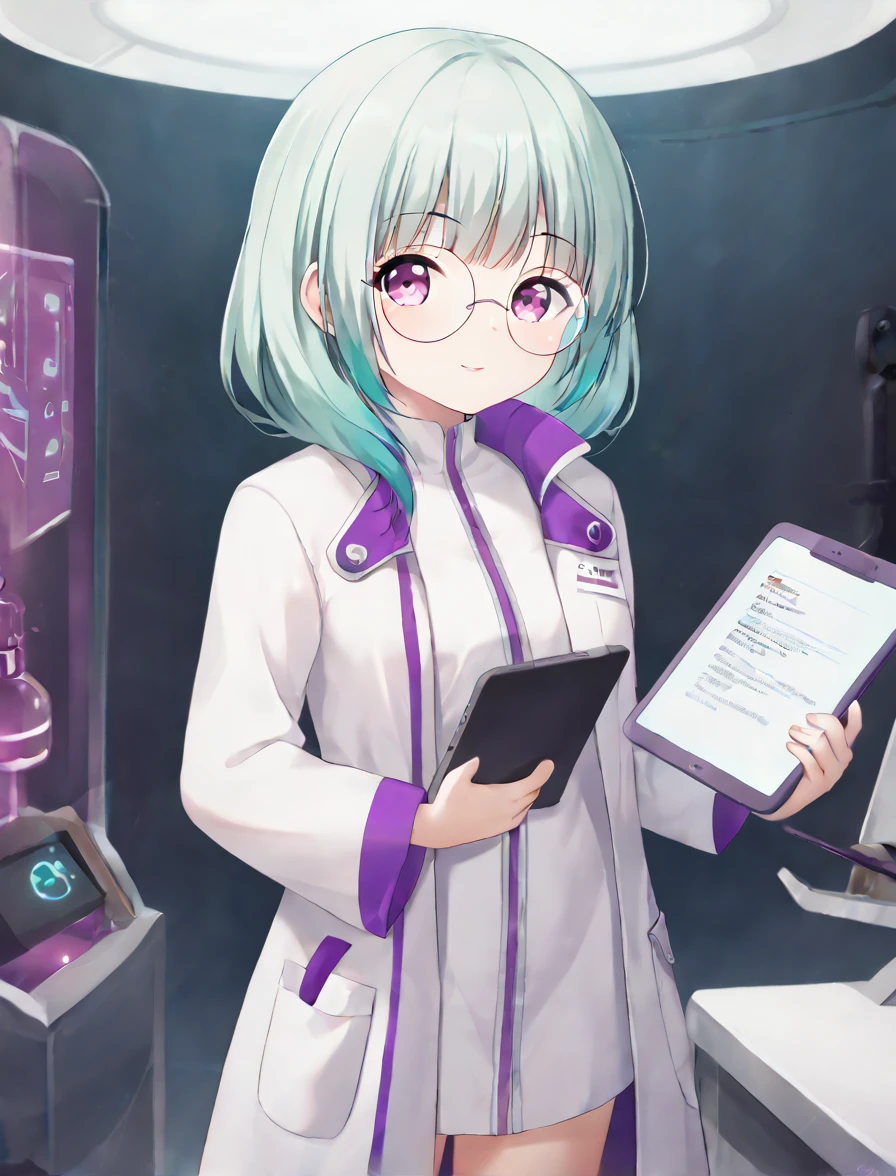 A young woman with wavy, teal-colored hair and round glasses, displaying a confident and focused demeanor. She is dressed in a futuristic lab coat over a white outfit, with glowing neon purple accents. She holds a tablet and a glowing clipboard, suggesting a high-tech environment. The background is a deep white, complementing her vibrant appearance.