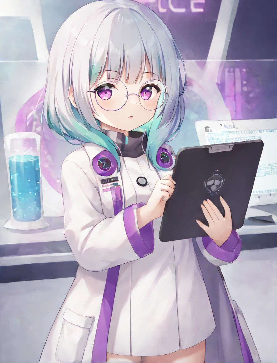 A young woman with wavy, teal-colored hair and round glasses, displaying a confident and focused demeanor. She is dressed in a futuristic lab coat over a white outfit, with glowing neon purple accents. She holds a tablet and a glowing clipboard, suggesting a high-tech environment. The background is a deep white, complementing her vibrant appearance.