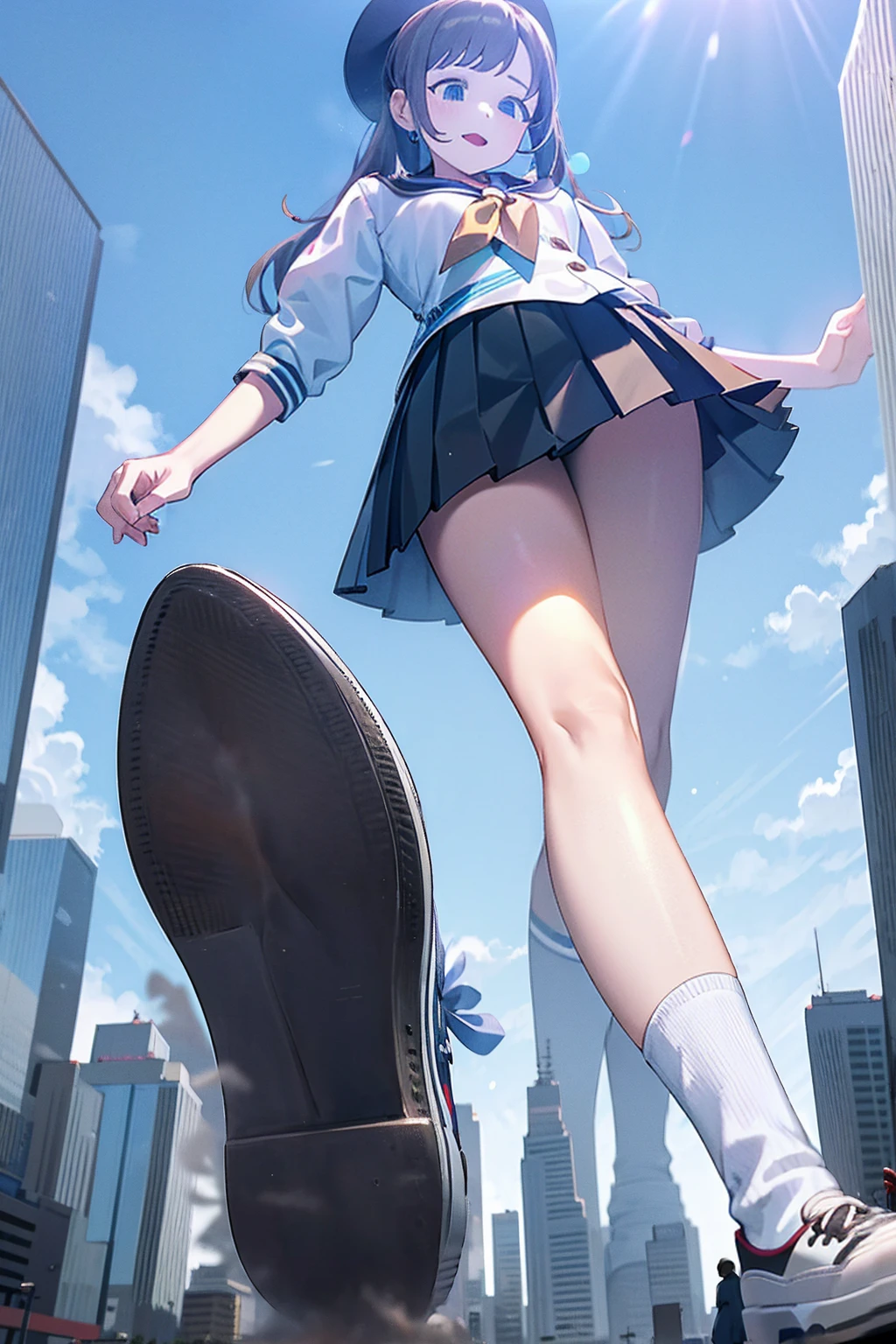 Big girl wearing sneakers，Girl taller than the building，Sailor Suit，Short skirt，White Socks，Girl raising legs high，Excited expression