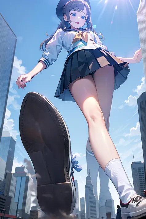 Big girl wearing sneakers，Girl taller than the building，Sailor Suit，Short skirt，White Socks，Girl raising legs high，Excited expre...