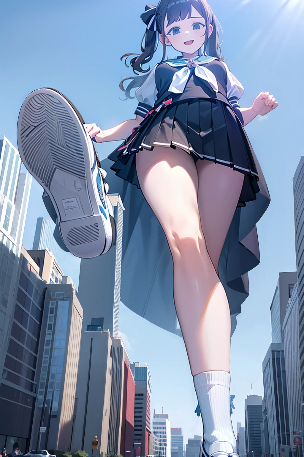 Big girl wearing sneakers，Girl taller than the building，Sailor Suit，Short skirt，White Socks，Girl raising legs high，Excited expression