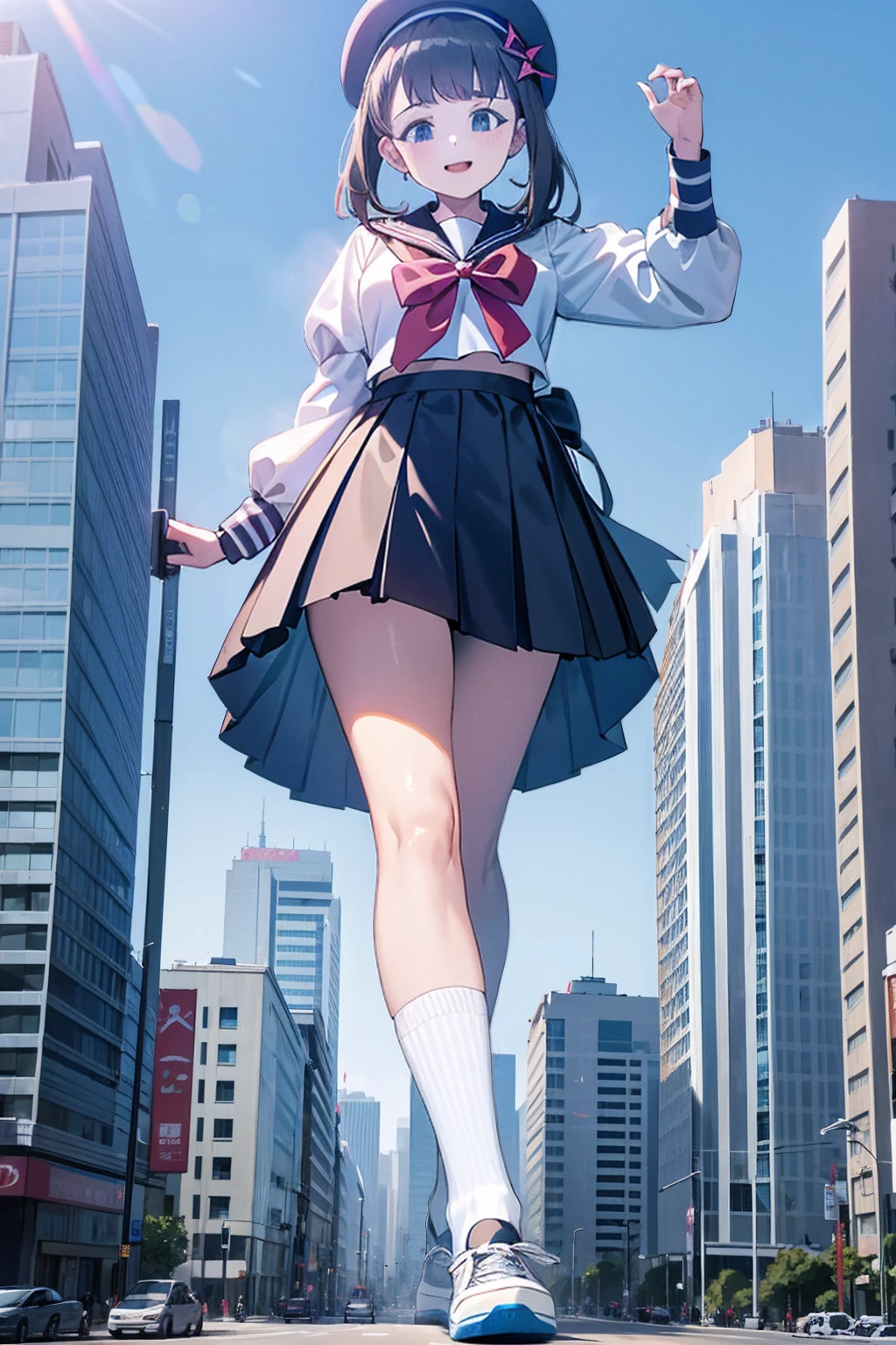 Big girl wearing sneakers，Girl taller than the building，Sailor Suit，Short skirt，White Socks，Girl raising legs high，Excited expression