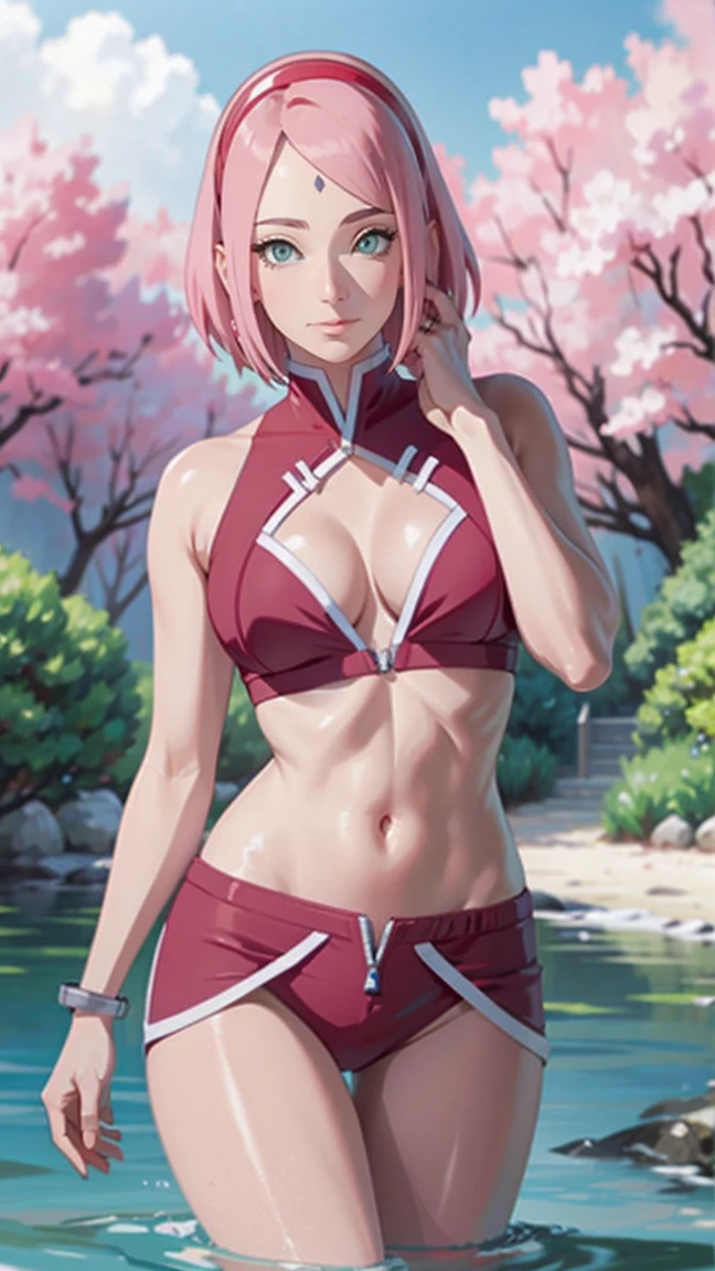 tmasterpiece， Best quality at best， 1girll， Sakura Haruno， Large breasts，（cleavage)，（upperbody closeup)，Raised sexy，is shy，ssmile，with pink hair，short hair， （Green eyeballs:1.4)， Forehead protection， the cherry trees，Cherry blossoms flying，，Zipper half, wearing g-string bikini,    standing in water,    looking straight to viewers