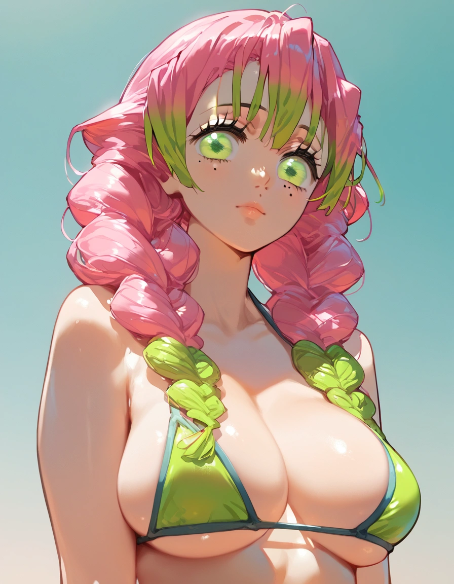 score_9, score_8_up, score_7_up, score_6_up,ChopioMitsuri, long hair, pink hair, green hair, twin braids, multicolored hair, green eyes, eyelashes, mole under eye, looking at viewer, large breasts, bikini, lime bikini, 