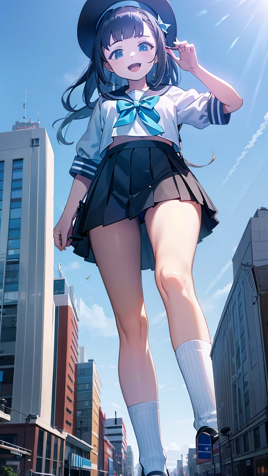 Big girl wearing sneakers，Girl taller than the building，Sailor Suit，Short skirt，White Socks，Girl raising legs high，Excited expression