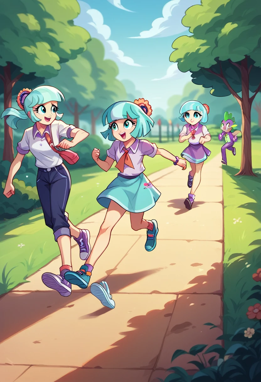 Coco Pommel is running after Spike, One girl, one boy, at the park, Coco Pommel and Spike Equestria Girls, Coco Pommel and Spike, cuerpo completo, high resolusion 