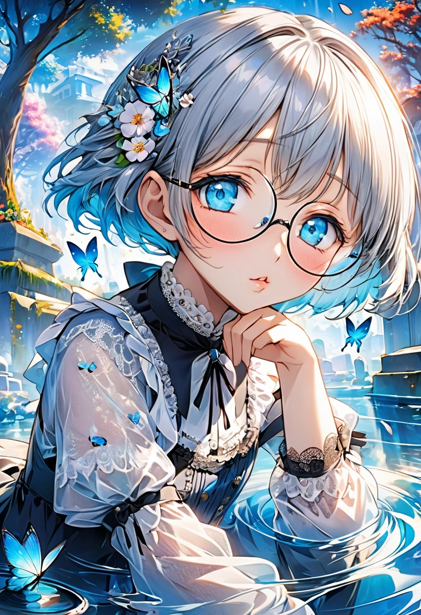 (masterpiece), (best quality), illustration, ultra detailed, hdr, Depth of field, (colorful), petite,loli,This is a masterpiece that exudes exceptional quality. The illustration is ultra-detailed, utilizing HDR technology to create a sense of depth. The subject matter is an original, delicate, and beautiful artwork, vibrant with color and filled with fantastical elements. The girl is sitting by a deep sea, surrounded by flowing water, with a dull blue World Tree in the background, situated in a cemetery. The serene and dreamy atmosphere gives the entire scene a soulful and enchanting quality. her pale complexion, azure blue eyes that glow, and silver hair adorned with flowers create a captivating portrait. She wears a Lolita-inspired fashion, expressionless with her mouth closed. The backgrounds range from white, transparent, circular options, and there are also flying translucent blue butterflies that add a sense of liveliness to the piece.Glasses