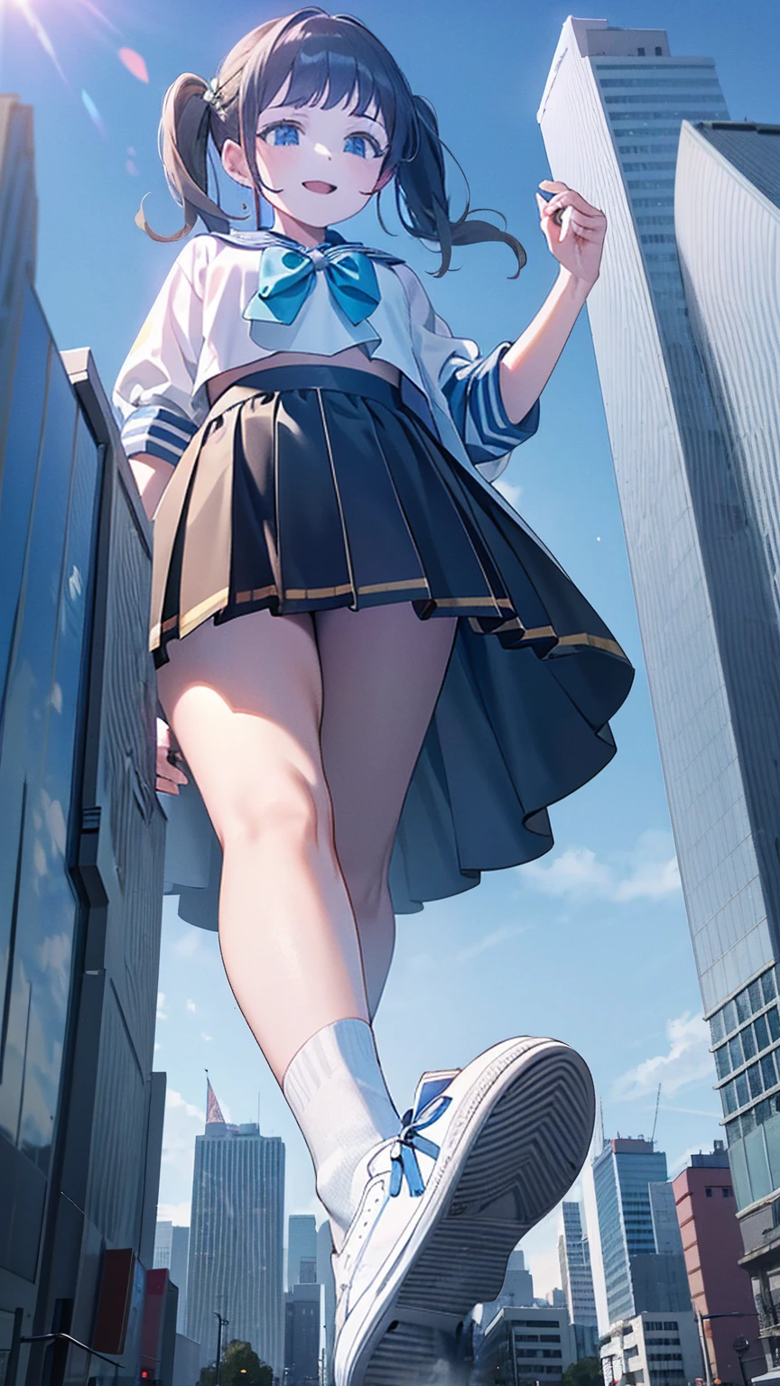 Big girl wearing sneakers，Girl taller than the building，Sailor Suit，Short skirt，White Socks，Girl raising legs high，Sarcastic expression