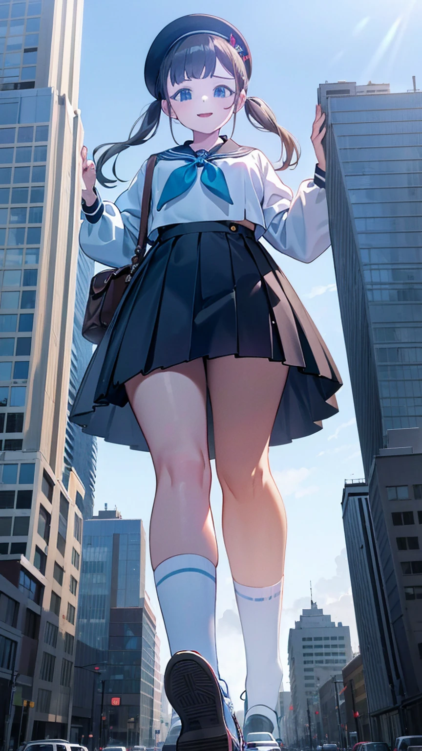 Big girl wearing sneakers，Girl taller than the building，Sailor Suit，Short skirt，White Socks，Girl raising legs high，Sarcastic expression