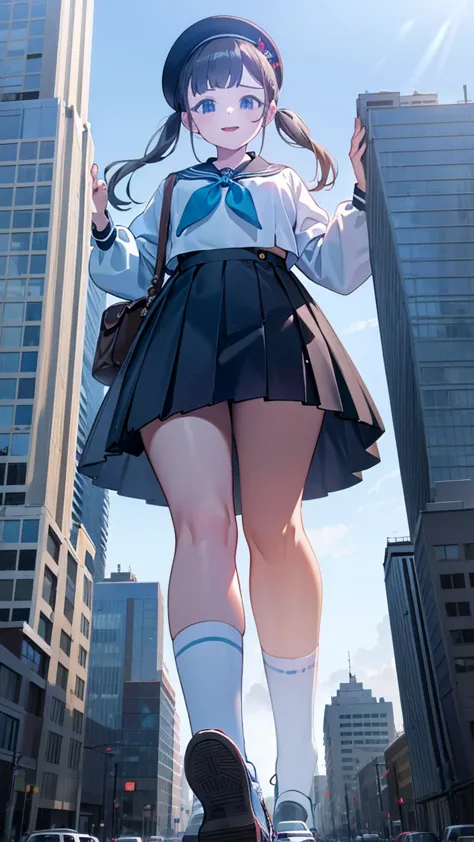 big girl wearing sneakers，girl taller than the building，sailor suit，short skirt，white socks，girl raising legs high，sarcastic exp...