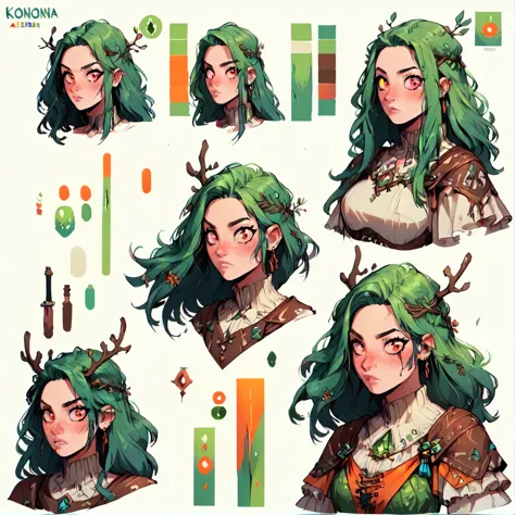 check_9, check_8_up, check_7_up, check_6_up, (character sheet:1), 1 girl, student green hair, Medieval girl, huntress,thick thig...