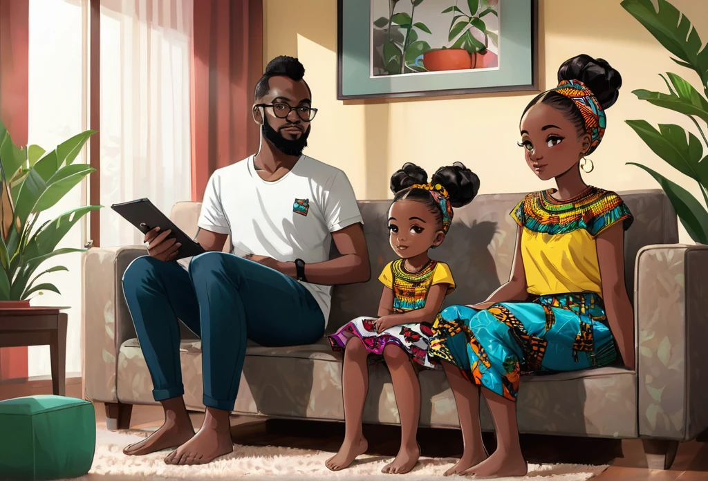      A girl and her parents in living room.  Her parents are sitting in the chair, the wife is a slim woman (size 8-10) wearing an African cute outfit with a bun on her head is resting on her husband body, he is wearing dark shorts and shirt. Tutu, a beautiful dark, 4 years old girl  is sitting on the floor, wearing a cute Ankara shorts, shirt and hair band with her hair well done. All of them are watching TV, in a nice modern sitting room, plasma tv and a bit of green plant and all minimalistic setting.
African (masterpiece best quality:1.2) delicate illustration ultra-detailed, illustrations, bright, colourful, 