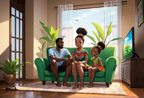      A girl and her parents in living room.  Her parents are sitting in the chair, the wife is a slim woman (size 8-10) wearing ...