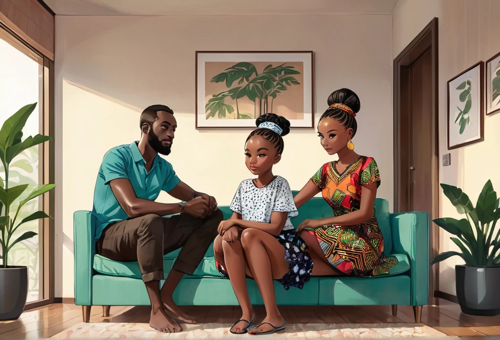      A girl and her parents in living room.  Her parents are sitting in the chair, the wife is a slim woman (size 8-10) wearing an African cute outfit with a bun on her head is resting on her husband body, he is wearing dark shorts and shirt. Tutu, a beautiful dark, 4 years old girl  is sitting on the floor, wearing a cute Ankara shorts, shirt and hair band with her hair well done. All of them are watching TV, in a nice modern sitting room, plasma tv and a bit of green plant and all minimalistic setting.
African (masterpiece best quality:1.2) delicate illustration ultra-detailed, illustrations, bright, colourful, 