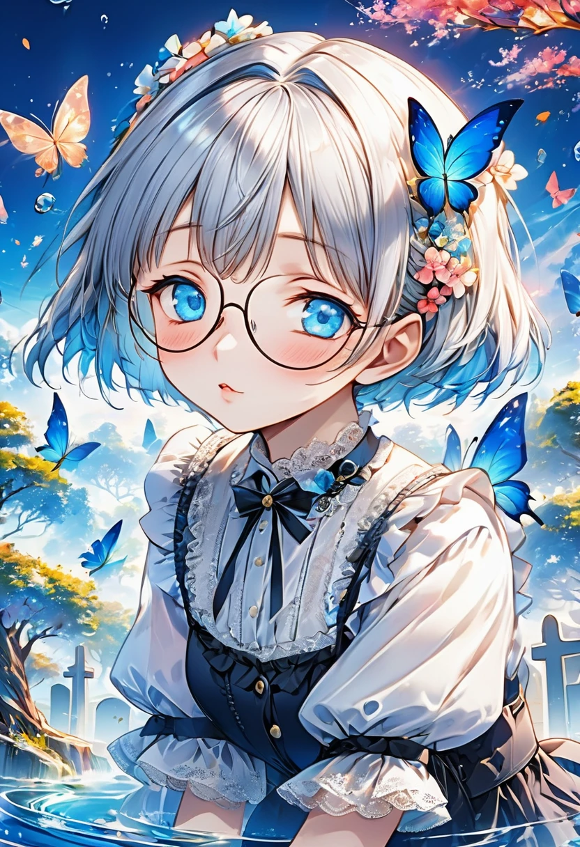 (masterpiece), (best quality), illustration, ultra detailed, hdr, Depth of field, (colorful), petite,loli,This is a masterpiece that exudes exceptional quality. The illustration is ultra-detailed, utilizing HDR technology to create a sense of depth. The subject matter is an original, delicate, and beautiful artwork, vibrant with color and filled with fantastical elements. The girl is sitting by a deep sea, surrounded by flowing water, with a dull blue World Tree in the background, situated in a cemetery. The serene and dreamy atmosphere gives the entire scene a soulful and enchanting quality. her pale complexion, azure blue eyes that glow, and silver hair adorned with flowers create a captivating portrait. She wears a Lolita-inspired fashion, expressionless with her mouth closed. The backgrounds range from white, transparent, circular options, and there are also flying translucent blue butterflies that add a sense of liveliness to the piece.Glasses