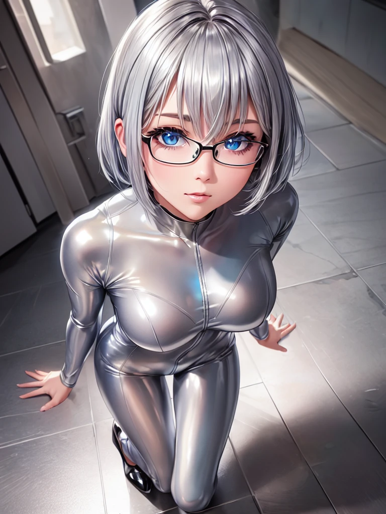 Highest quality 8K UHD、Mastepiece、Close-up、short hair、Blue Eyes、Open legs、Silver Hair、Glasses、Beautiful woman wearing seamless full-body silver metallic suit、Seamless full body silver metallic rubber suit