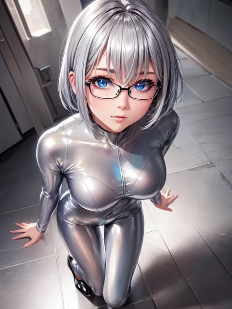 Highest quality 8K UHD、Mastepiece、Close-up、short hair、Blue Eyes、Open legs、Silver Hair、Glasses、Beautiful woman wearing seamless f...