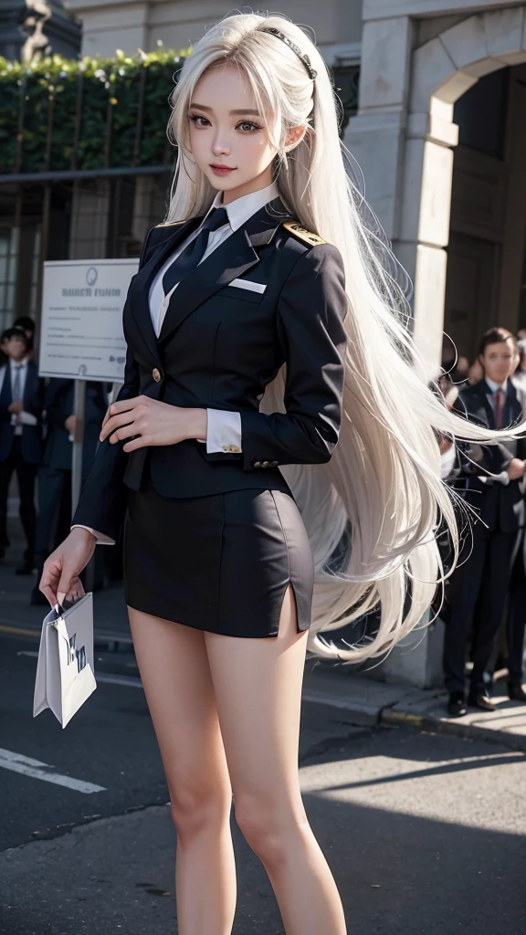 Highest quality, Masterpiece, 8D, Ultra high resolution, (reality:1.4), Two girls have come in...、beautiful expression、symmetrical eyes、big 、body proportionsที่สมบูรณ์แบบ、airline stewardess、ชุดสูทwhite、Short pencil skirt、high-heelsสีดำ、rift、ขนาดbig、look at the audience、(ที่ลานgardenสาธารณะ:1.2)、Long legs(1.3)、smile，body proportions，สวมmilitary rank insignia、Colonel rank、Monument backdrop、royal ceremony, business woman, beautiful woman, Wear a suit and tie, short skirt suit, business suitwhite, กระโปรงดินสอสั้นwhite, business suitรัดรูป, All white outfit, Emphasize the curves of the body, (สาวสวยTwo meter long hair, my hair is very long., extra long hair, long black hair), business suit, (Italian style suit, two button suit), (Italian suit, white สูท, Set of two buttons), (wearing a women&#39;s suit, Business Women Suit, white), (สูทผู้หญิงwhite), (เสื้อเชิ้ตwhite), necktie, (necktieสั้นสีดำ, necktieสีดำ, necktieผอม, ถักnecktie), (military rank insignia), (Short pencil skirtwhite), (Dynamic posts), full body, (riftขนาดมหึมา), (หน้าอกbig, thin body, small waist, hips raised, small thighs, Long legs), high-heelsสีดำ, (Short pencil skirt, white), Wearing a suit for a business woman, (Wearing a white businesสูท, business suitหญิงwhite), (tight, military regalia, เสื้อwhite, กระโปรงwhite), Long legs, (black shoes), (Two gold สูท buttons, Two meter long hair, Form fitting suit, เสื้อสูทwhiteทรงธรรมดารัดรูป), (black shoes, high-heels), (stand, walk, elegant gesture, Dynamic posts), short dress, earring, garden, Modeling, ภาพfull body, เหมือนfull body