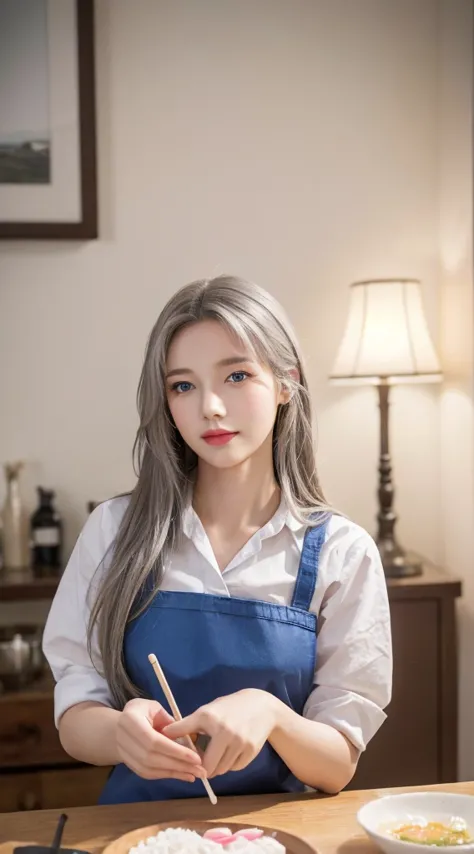 (highest quality,very detailed,realistic:1.37),silver long hair,amazing blue eyes,happy woman whisking eggs with chopsticks,soft...