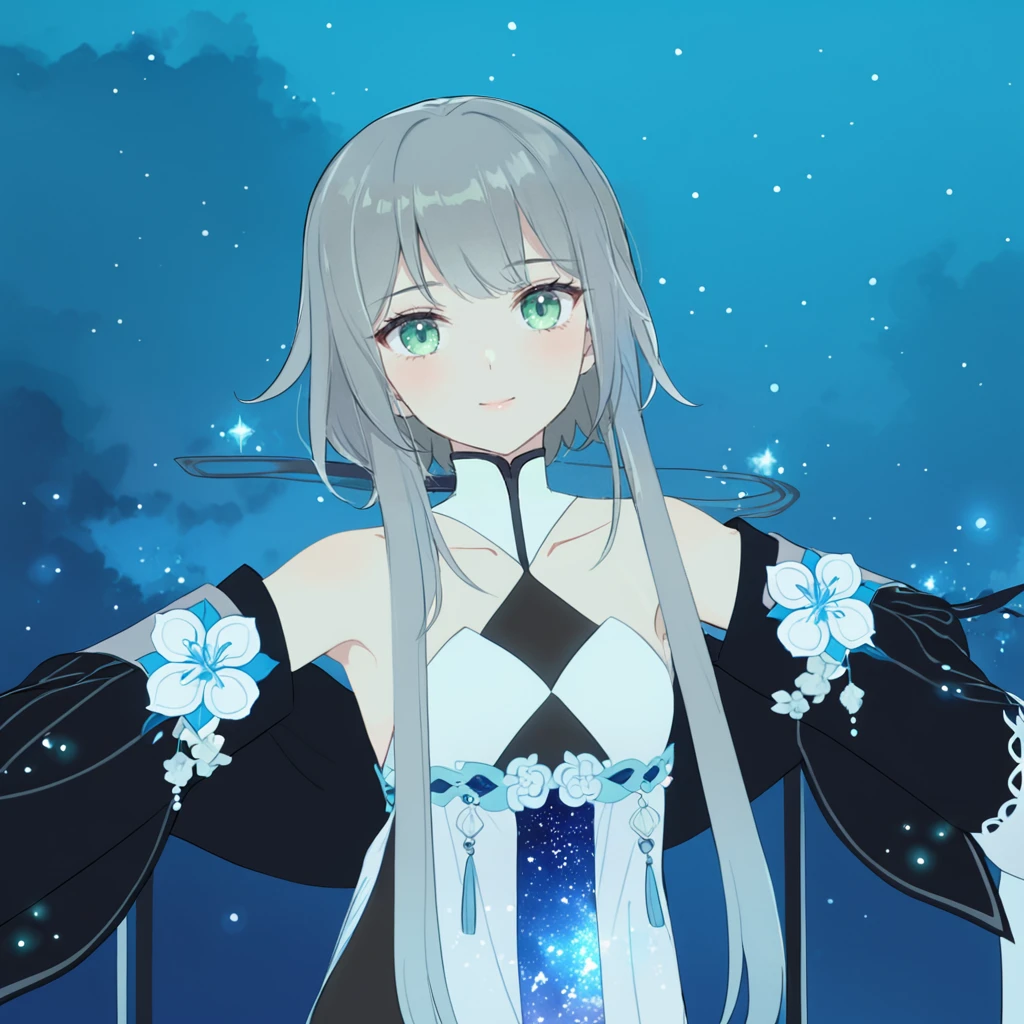 1girl, guizhong_\(genshin_impact\),light grey hair,short_hair_with_long_locks,starry_sky_print,detached_sleeves, long sleeves that drape over hands past fingers,dancing,hanfu,pale green-grey eyes,stunning field of softly glowing blue and white glaze lilies,night scene,gentle smile,moonlight,glossy lips,soft anime coloring,cel shading,smooth, soft dreamy focus,anklet,halter_top,white clothes,highly detailed,digital painting,field of flowers,bare_shoulders,mihoyo,barefoot,cool night tones, magical night scene,masterpiece, best quality, film, bokeh, multicolored light particles,professional, 4k, highly detailed,fireflies,Guardian nebula of rainbow light and silvery vapor,ai-generated,goddess of stardust,realistic:.25,starry_sky,milkyway