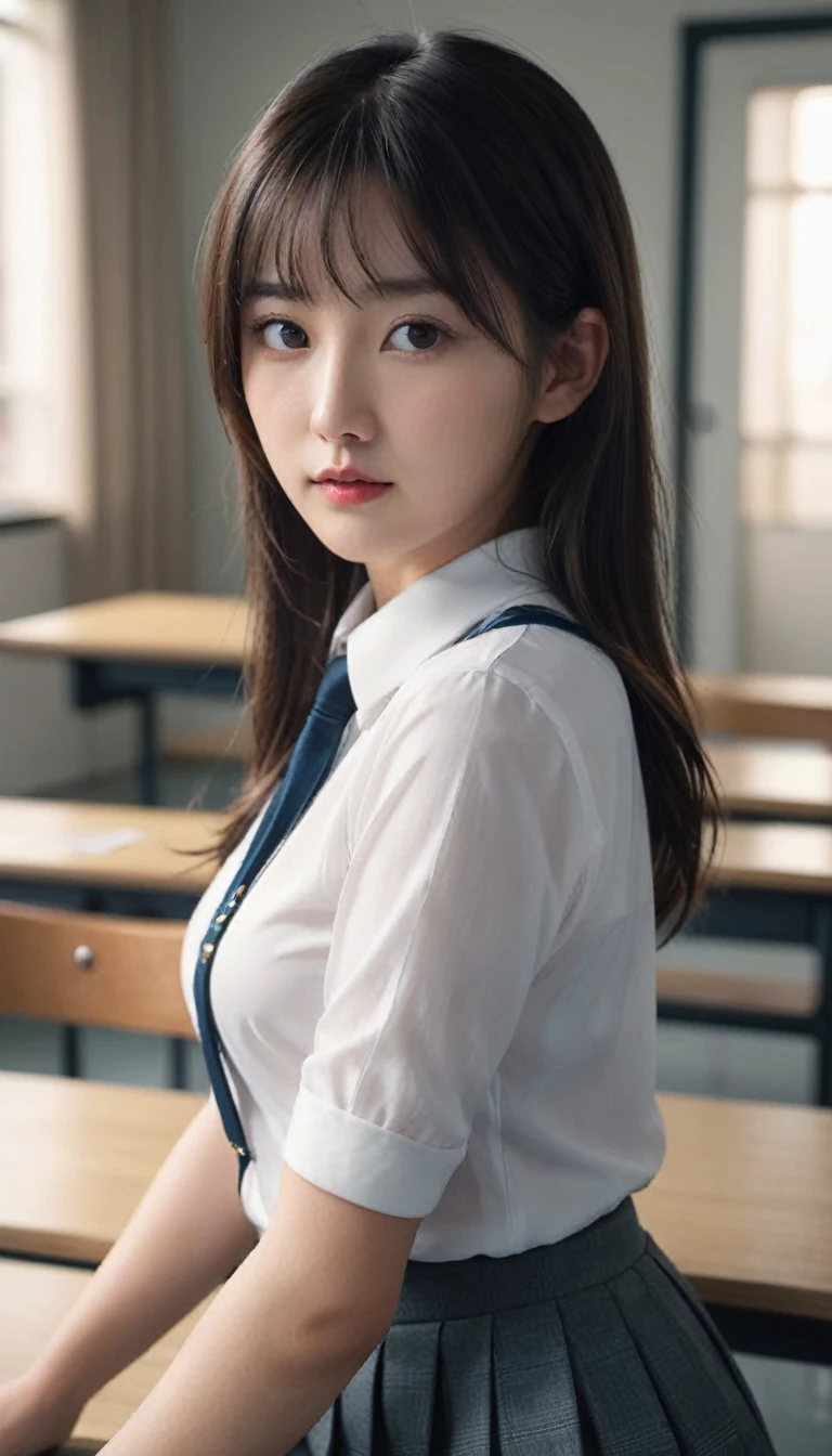 25-year-old female, Mature Woman, ((In the classroom)), ((school uniform)), RAW Photos, (photoRealistic: 1.37, Realistic), Highly detailed integrated CG 8K wallpaper, 1 girl, (((Perfect body: 1.1)), (Medium chest: 1.2), Looking at the audience, (((Straight from the front)))), (Headquarters Skin:1.2, Glowing Skin), 8k er, Digital single-lens reflex camera, Soft lighting, high quality, Film Grain, Fujifilm XT3, ((whole body:  0.8)), (Professional Lighting:1.4) ,