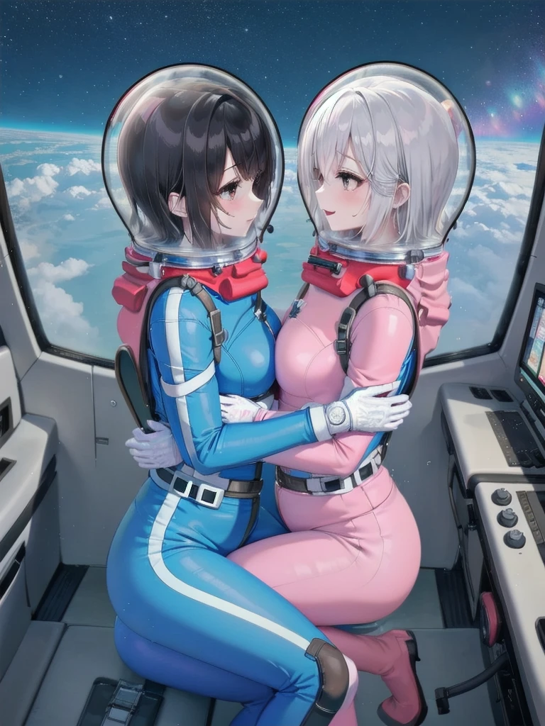 eva helmet,astronaut) brown hair, a pair of girls, very short hair, black hair, breast press, symmetrical docking, short hair, eye contact, looking at others, , upper body, face to face, ,(blushing),ahegao, tongue sticking out, saliva, saliva trail, heavy breathing, sweat, woman , juice, completely , navel, buttocks, sitting, room, cocpit blushing, sweat, eye contact, bubble helmet, space helmet, cockpit of a (futuristic spaceship:1.1), sitting in the captains chair, (intricate control panels:1.3), (gleaming metal:1.1), eva helm, spacesuit , astronaut), from above, pink hair, bubble helmet, space helmet,wearing a (spacesuit:1.15), white cargo pants, hovering, flying, moon surface, earth, floating pose, happy, smilebeautiful 8k wallpaper, highly advanced, (sleek design:1.3), intricate, highres, superb, 8k wallpaper, extremely detailed, intricate,(2girl:1.5), (two girl:1.5),,2girl, two girl, 2girl, two girl, from side, 9space helmet:1.5)