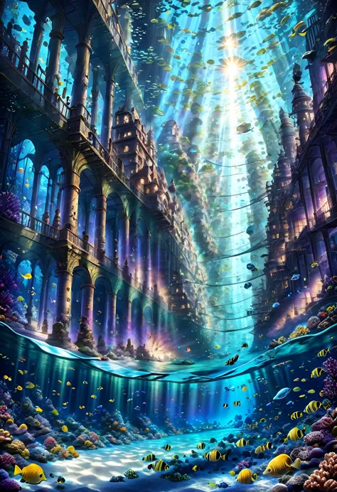 masterpiece,highest quality,ultra-detailed,high-definition background,8K,hi-res,high quality,break,An underwater city with ancie...