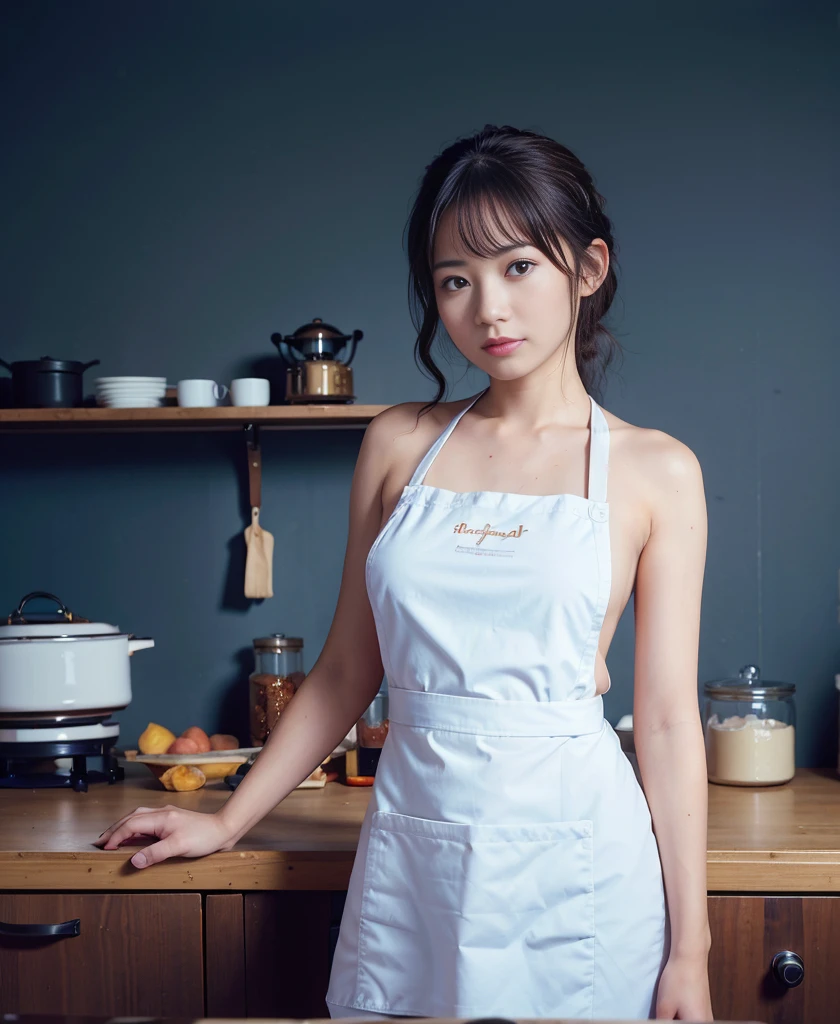 A woman is cooking, (naked_apron:1.3), Good move,4K, High resolution, masterpiece, Highest quality, head:1.3,((Hasselblad Photography)), Detailed skin, hand up to head back, Sharp focus, (Cinema Lighting), Soft lighting, Dynamic Angle, [:(Detailed face:1.2):0.2], Medium chest, Sweaty skin:1.2, (((Inside the kitchen)))