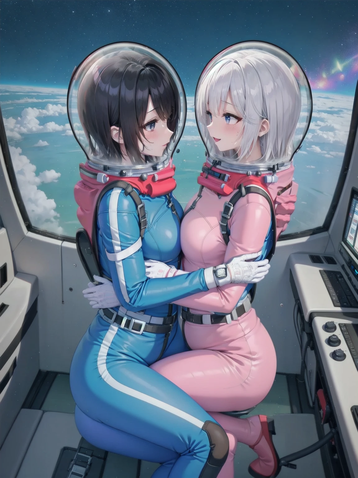 eva helmet,astronaut) brown hair, a pair of girls, very short hair, black hair, breast press, symmetrical docking, short hair, eye contact, looking at others, , upper body, face to face, ,(blushing),ahegao, tongue sticking out, saliva, saliva trail, heavy breathing, sweat, woman , juice, completely , navel, buttocks, sitting, room, cocpit blushing, sweat, eye contact, bubble helmet, space helmet, cockpit of a (futuristic spaceship:1.1), sitting in the captains chair, (intricate control panels:1.3), (gleaming metal:1.1), eva helm, spacesuit , astronaut), from above, pink hair, bubble helmet, space helmet,wearing a (spacesuit:1.15), white cargo pants, hovering, flying, moon surface, earth, floating pose, happy, smilebeautiful 8k wallpaper, highly advanced, (sleek design:1.3), intricate, highres, superb, 8k wallpaper, extremely detailed, intricate,(2girl:1.5), (two girl:1.5),,2girl, two girl, 2girl, two girl, from side, 9space helmet:1.5)