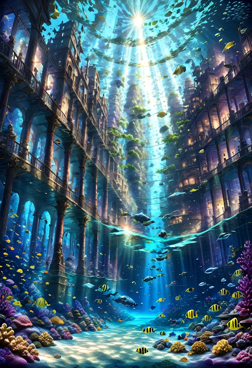 masterpiece,highest quality,ultra-detailed,high-definition background,8K,hi-res,high quality,break,An underwater city with ancient ruins and modern architecture intertwined, lush, colorful coral reefs surrounding the city, schools of vibrant fish swimming through the buildings, a serene, tranquil atmosphere with soft, ethereal lighting filtering through the water, bright sunlight streaming from the surface, creating shimmering patterns, gentle illumination from bioluminescent organisms, wide-angle shot to capture the expanse of the underwater city, slightly tilted angle to give a sense of depth and immersion, lens flare, fractal patterns, link flare, luminogram effects, multiple exposure,Christian Lassen, ghost ship, shipwreck, ancient ruins, building