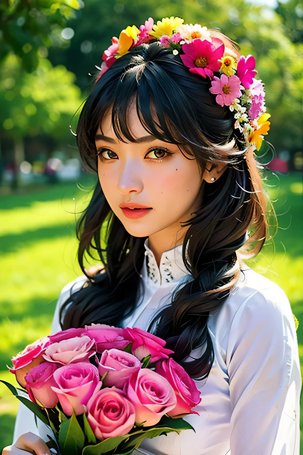 Absurd, A high resolution, ultra detailed, (ultra-detailed background, detailed background), extremely detailed, 1 girl, bouquet of flowers, (confused:1.2), (geometric:1.2),