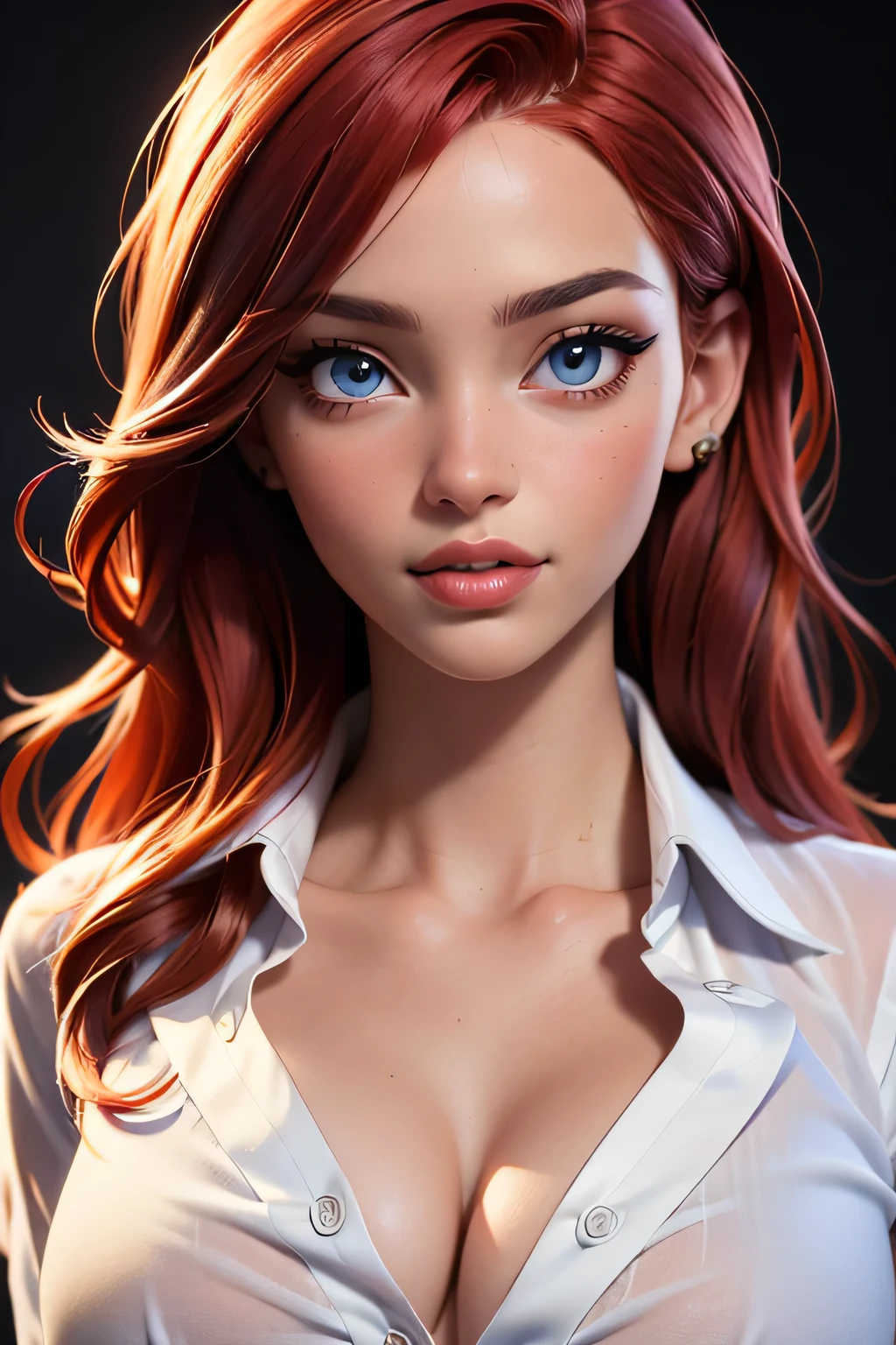 (sexy red haired young woman,perfect body,posing in unbuttoned mens dress shirt, ,model, cleavage,stage,luxury hall),(oil painting),(detailed face,beautiful eyes,detailed lips),(best quality,highres:1.2),(realistic),(portrait),(vibrant colors),(soft lighting) 22 year old, happy