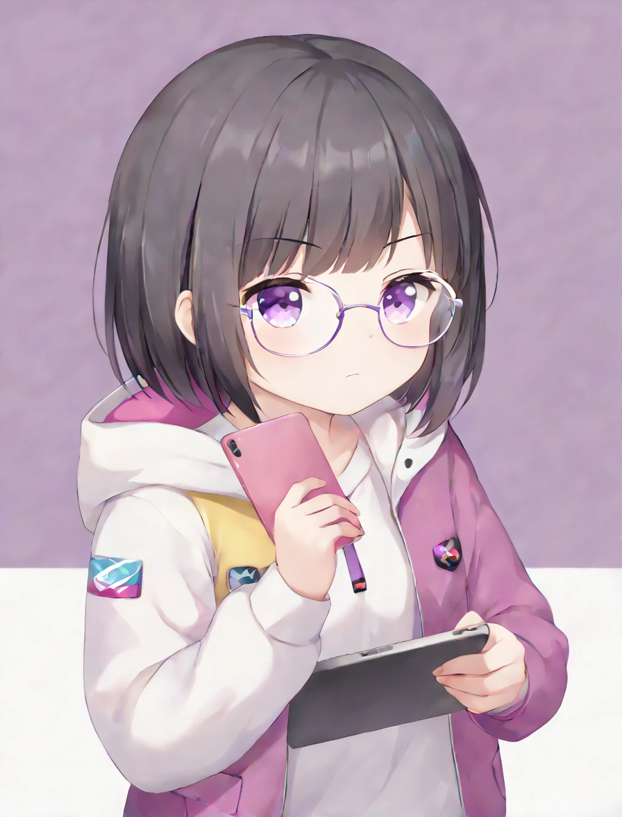 A stylish young person with short, tousled dark hair, wearing large black-rimmed glasses. They have a serious expression and are dressed in a modern, colorful jacket with a hood, over a white hoodie. The jacket features various patches and accents, including neon purple elements. They are holding a tablet, with a white and purple background.