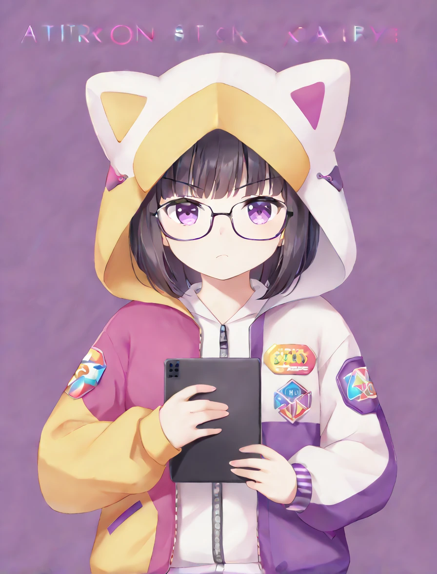 A stylish young person with short, tousled dark hair, wearing large black-rimmed glasses. They have a serious expression and are dressed in a modern, colorful jacket with a hood, over a white hoodie. The jacket features various patches and accents, including neon purple elements. They are holding a tablet, with a white and purple background.