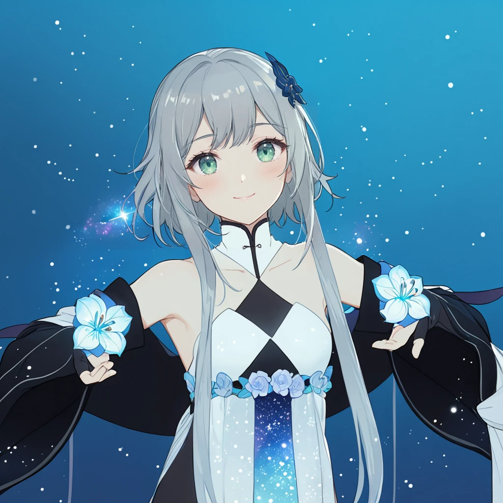 1girl, guizhong_\(genshin_impact\),light grey hair,short_hair_with_long_locks,starry_sky_print,detached_sleeves, long sleeves that drape over hands past fingers,dancing,hanfu,pale green-grey eyes,stunning field of softly glowing blue and white glaze lilies,night scene,gentle smile,moonlight,glossy lips,soft anime coloring,cel shading,smooth, soft dreamy focus,anklet,halter_top,white clothes,highly detailed,digital painting,field of flowers,bare_shoulders,mihoyo,barefoot,cool night tones, magical night scene,masterpiece, best quality, film, bokeh, multicolored light particles,professional, 4k, highly detailed,fireflies,Guardian nebula of rainbow light and silvery vapor,ai-generated,goddess of stardust,realistic:.25,starry_sky,milkyway