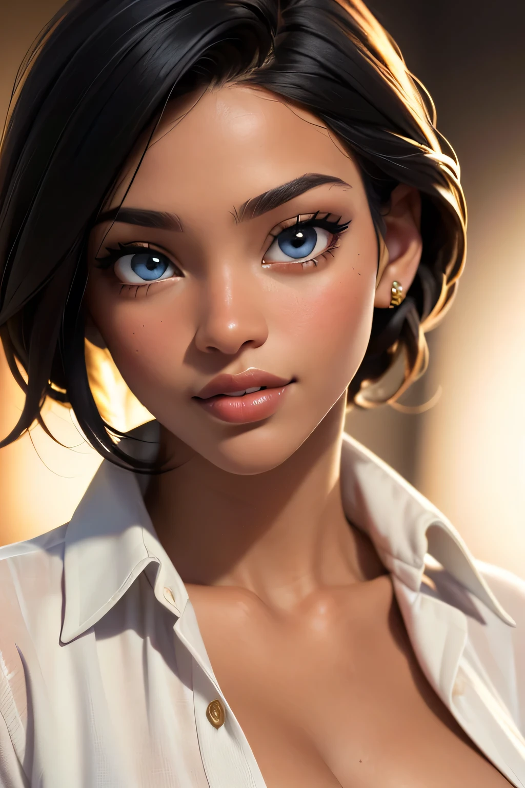 (sexy black haired young woman,perfect body,posing in unbuttoned gold mens dress shirt, ,model, cleavage,stage,luxury hall),(oil painting),(detailed face,beautiful eyes,detailed lips),(best quality,highres:1.2),(realistic),(portrait),(vibrant colors),(soft lighting) 2, happy