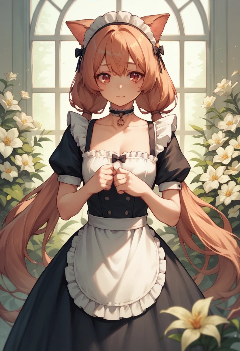 It 1, flower, Twin tails, low Twin tails, Very long hair, dog girl choker, Maid&#39;s Headdress, Black kimono, Wide sleeves, Frills, heart, White apron, Sleeves are longer than the wrist, skirt, red skirt、Huge breasts、blush:1.5、Sweat、Huge penis、Focus on the face:1.2、Upper Body、srimk:1.5