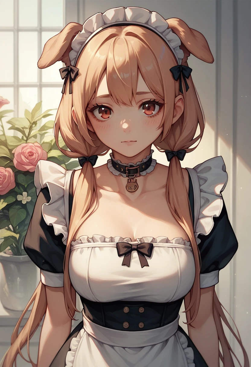 It 1, flower, Twin tails, low Twin tails, Very long hair, dog girl choker, Maid&#39;s Headdress, Black kimono, Wide sleeves, Frills, heart, White apron, Sleeves are longer than the wrist, skirt, red skirt、Huge breasts、blush:1.5、Sweat、Huge penis、Focus on the face:1.2、Upper Body、srimk:1.5