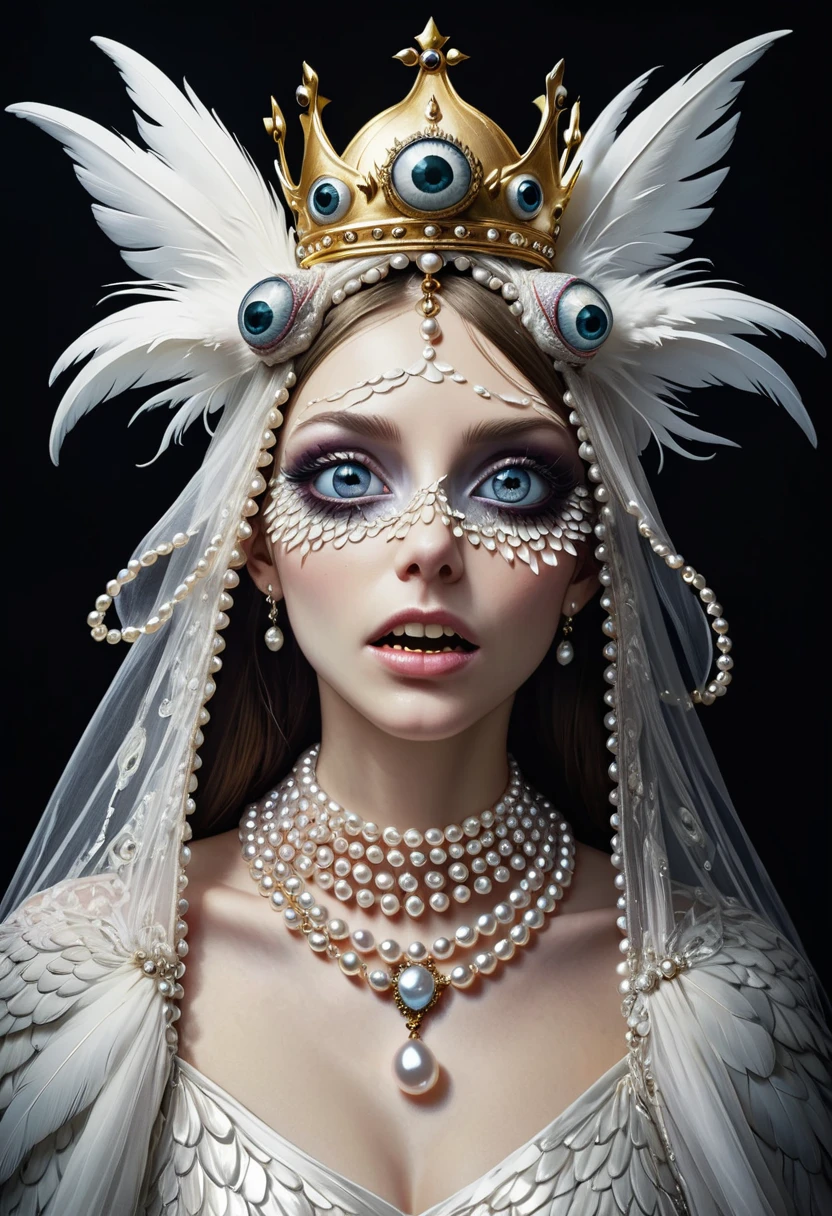 a mysterious fish-like creature, scaly skin, many eyeballs growing on face, eyeball necklace, eyeball crown, hyperrealistic eyes, teeth, distorted face, alone, black background, crown, veil, hands, pearl necklace, feathered wings