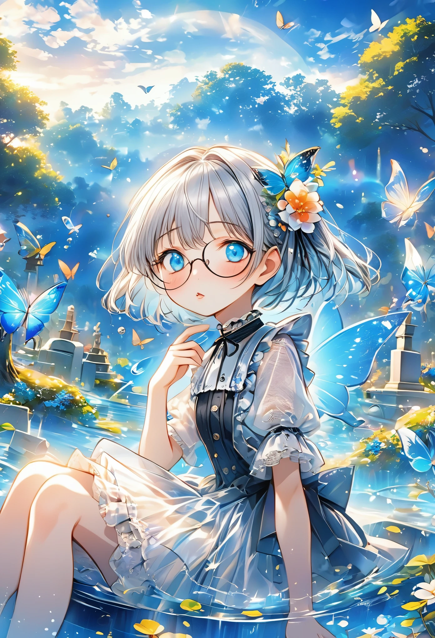 (masterpiece), (best quality), illustration, ultra detailed, hdr, Depth of field, (colorful), petite,loli,This is a masterpiece that exudes exceptional quality. The illustration is ultra-detailed, utilizing HDR technology to create a sense of depth. The subject matter is an original, delicate, and beautiful artwork, vibrant with color and filled with fantastical elements. The girl is sitting by a deep sea, surrounded by flowing water, with a dull blue World Tree in the background, situated in a cemetery. The serene and dreamy atmosphere gives the entire scene a soulful and enchanting quality. her pale complexion, azure blue eyes that glow, and silver hair adorned with flowers create a captivating portrait. She wears a Lolita-inspired fashion, expressionless with her mouth closed. The backgrounds range from white, transparent, circular options, and there are also flying translucent blue butterflies that add a sense of liveliness to the piece.Glasses