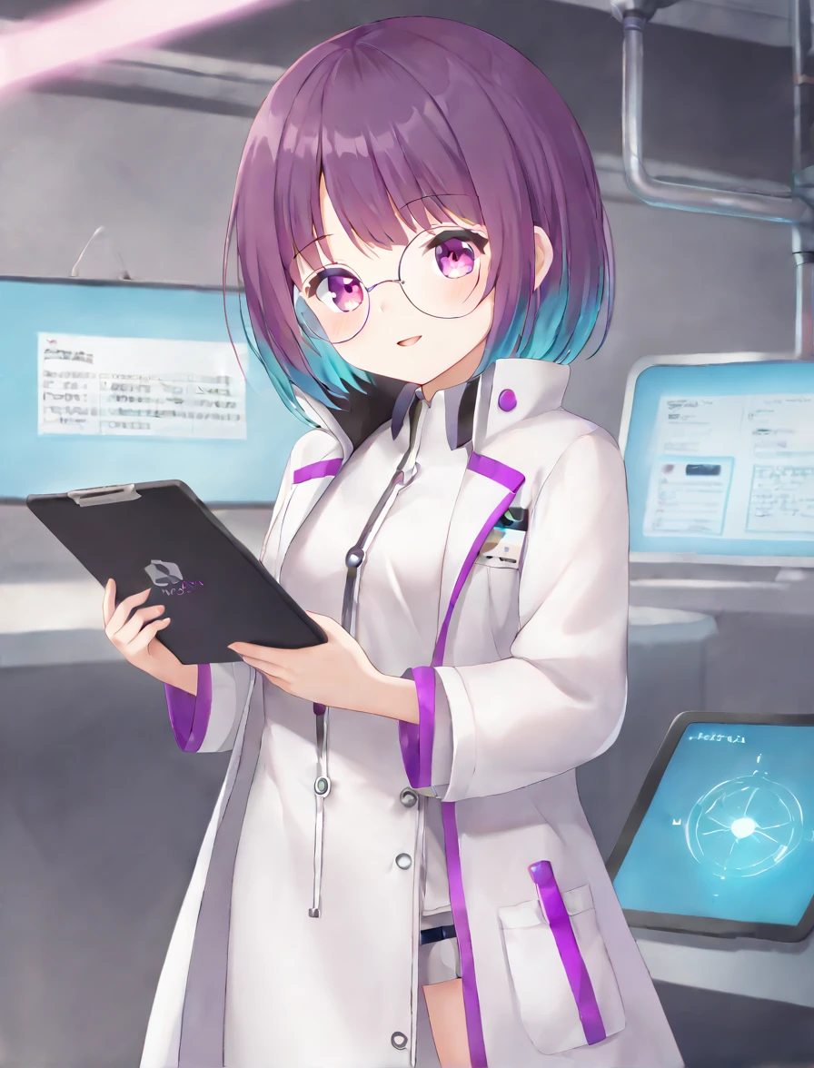 A young woman with wavy, teal-colored hair and round glasses, displaying a confident and focused demeanor. She is dressed in a futuristic lab coat over a white outfit, with glowing neon purple accents. The lab coat features the word 'ALLO' prominently on it. She holds a tablet and a glowing clipboard, suggesting a high-tech environment. The background is a deep white, complementing her vibrant appearance.