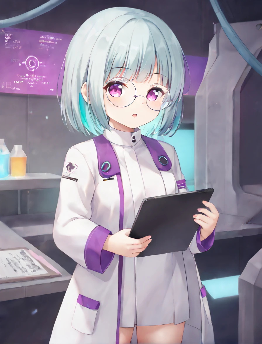 A young woman with wavy, teal-colored hair and round glasses, displaying a confident and focused demeanor. She is dressed in a futuristic lab coat over a white outfit, with glowing neon purple accents. The lab coat features the word 'ALLO' prominently on it. She holds a tablet and a glowing clipboard, suggesting a high-tech environment. The background is a deep white, complementing her vibrant appearance.