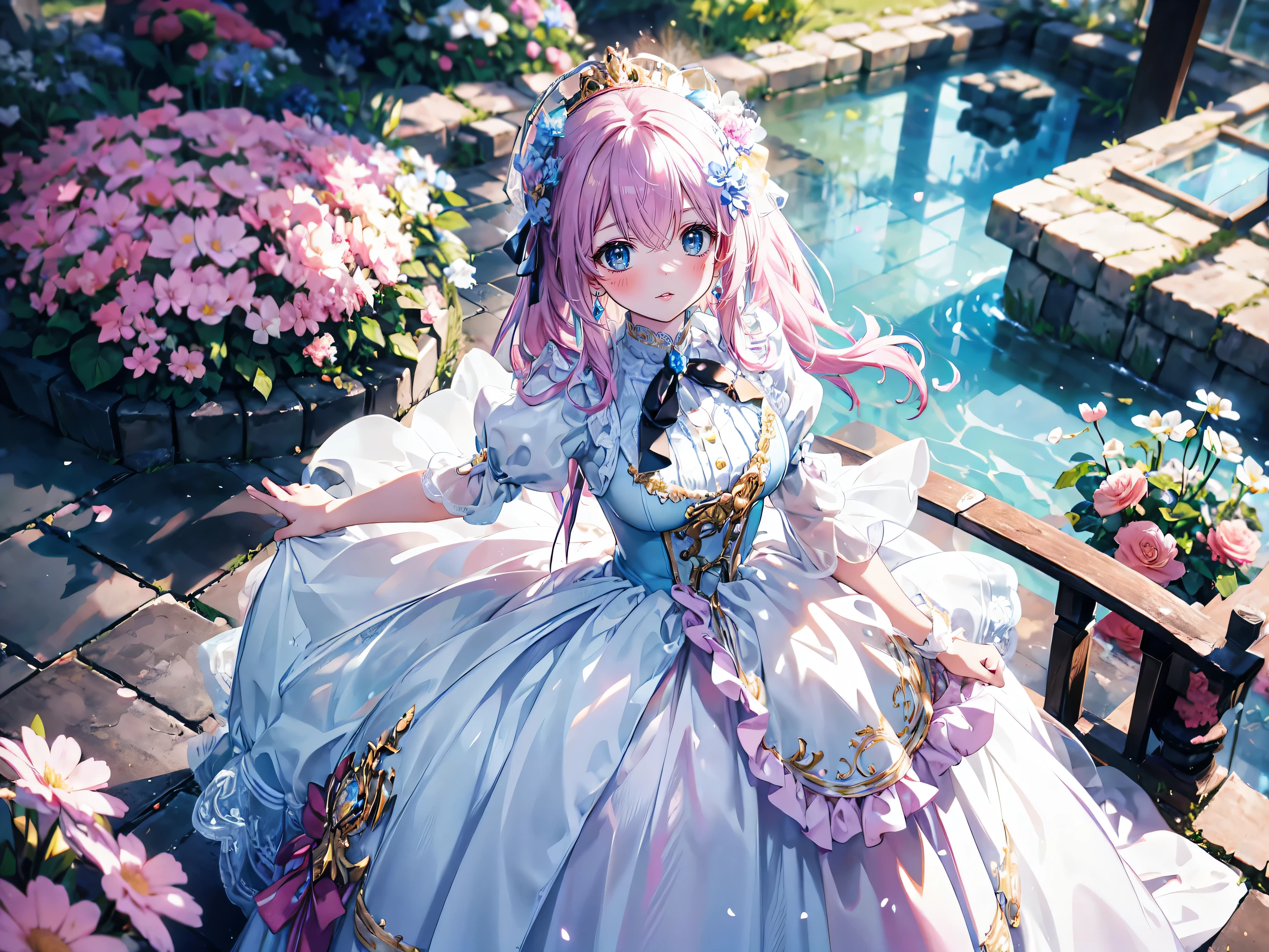 ((Masterpiece, ultra detailed, exquisite quality)), (anime moe art style:1.3), (((young face solo princess))), (((incredibly cute rococo victorian gown with long hems, voluminous princess style skirt, elaborate lace gown))), (huge breasts), breasts cleavage, ((hair light pink hair)), ((fluffy long Expressive ponytail)), (leaning forward, looking up, from above, front view, facing at viewer:2), kawaii face, head tilt, shy smile, (face focus, eyes focus, blurry background, depth of field:2), (isometric 3D, octane render, ray tracing:1.5), backlighting, particle effect, (hyper detail delicate eyes, hyper beautiful eyes), (eyes blue eyes), (lot's of colorful flowers, sparkling glass classic greenhouse:1.5),