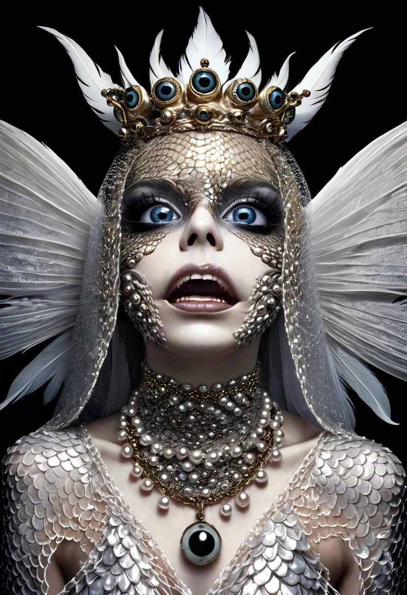 Grotesque Aesthetics：Fish demon，Fish scale skin，There are many eyeballs growing on the skin of the face，Eyeball Necklace，Eyeball Crown，Realistic eyeballs，teeth，Distorted face， Solitary，black background，crown，veil，hand，Pearl Necklace，Feather wings，wing
