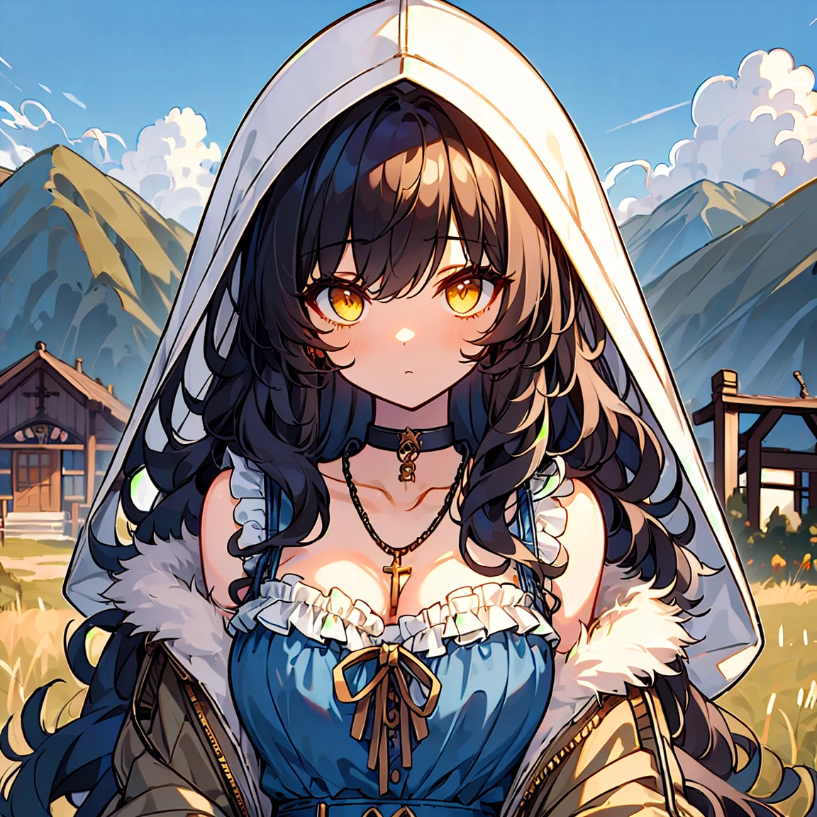 (masterpiece:1.2), (high quality:1.2), girls with((black hair, yellow eyes, (wavy long hair, one side up:1.52), bare shoulders, breasts, choker, cleavage, coat, collar, collarbone, cowboy shot, dress, blue clothes, camisole, (rosary, rosary choker, cross:0.7), necklace, fur, fur collar, fur trim, hood down, hooded jacket, hoodie, jacket, large breasts, long hair, long sleeves, black belt, suspenders, medium breasts, medium hair, necklace, open clothes, open hoodie, sleeveless, solo, winter clothes, zipper, cleavage, upper body, hand up, waving, palm)), background with((architecture, blue sky, bush, castle, village, no humans, cloud, cloudy sky, day, field, garden, grass, hill, house, lamppost, landscape, mountain, mountainous horizon, nature, no humans, outdoors, scenery, shrine, sky))