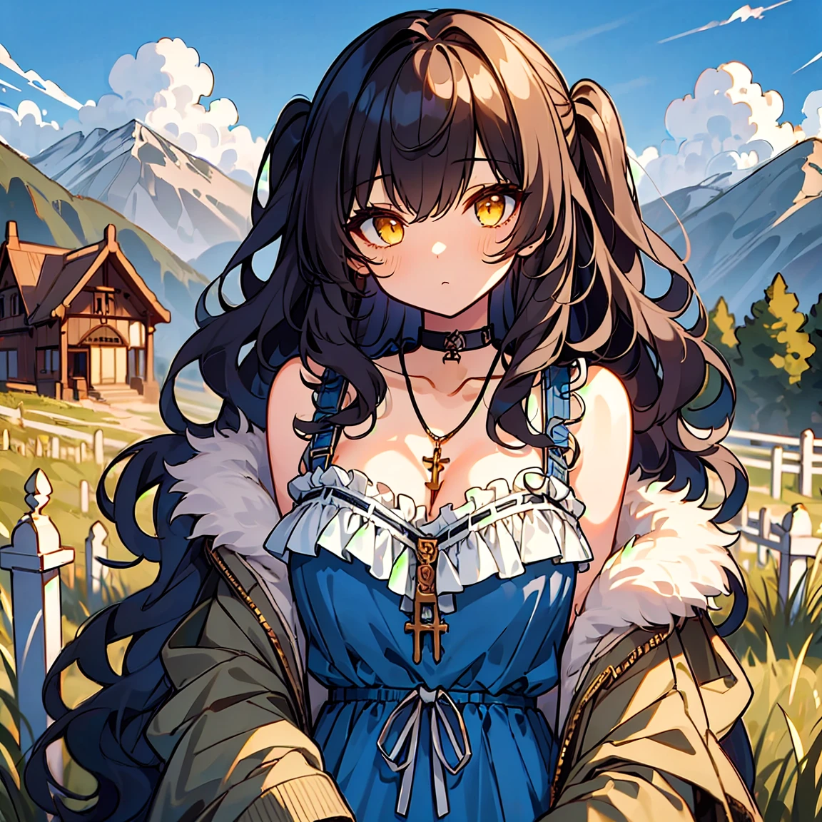 (masterpiece:1.2), (high quality:1.2), girls with((black hair, yellow eyes, (wavy long hair, one side up:1.52), bare shoulders, breasts, choker, cleavage, coat, collar, collarbone, cowboy shot, dress, blue clothes, camisole, (rosary, rosary choker, cross:0.7), necklace, fur, fur collar, fur trim, hood down, hooded jacket, hoodie, jacket, large breasts, long hair, long sleeves, black belt, suspenders, medium breasts, medium hair, necklace, open clothes, open hoodie, sleeveless, solo, winter clothes, zipper, cleavage, upper body, hand up, waving, palm)), background with((architecture, blue sky, bush, castle, village, no humans, cloud, cloudy sky, day, field, garden, grass, hill, house, lamppost, landscape, mountain, mountainous horizon, nature, no humans, outdoors, scenery, shrine, sky))