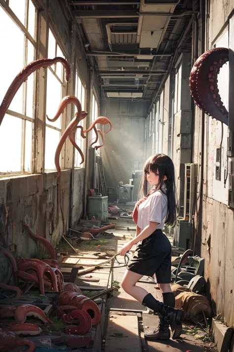 Girl captured by tentacles in abandoned factory　Tentacles in a skirt　Pants fabric texture　